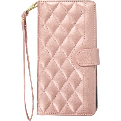 iPhone 16 Case H&uuml;lle - Elegante Flip-Matratze mit Magnetverschluss Trageband und Kartenf&auml;chern - Rosa gold