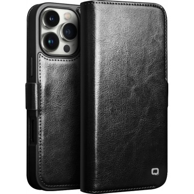 Fourre iPhone 16 Pro - Flip Qialino cuir véritable avec fermeture magnétique - Noir