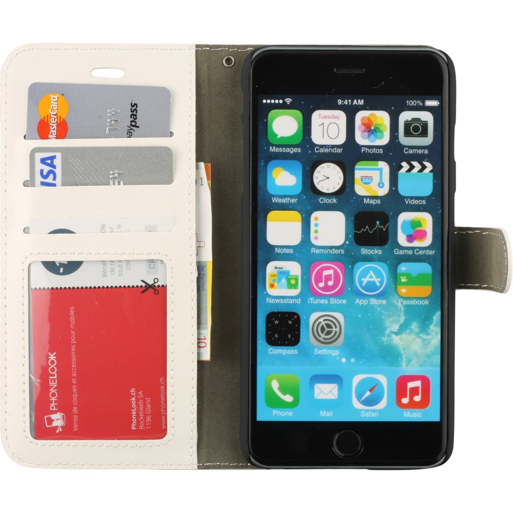 Fourre iPhone 16e - Premium Flip cuir lisse porte-cartes - Blanc