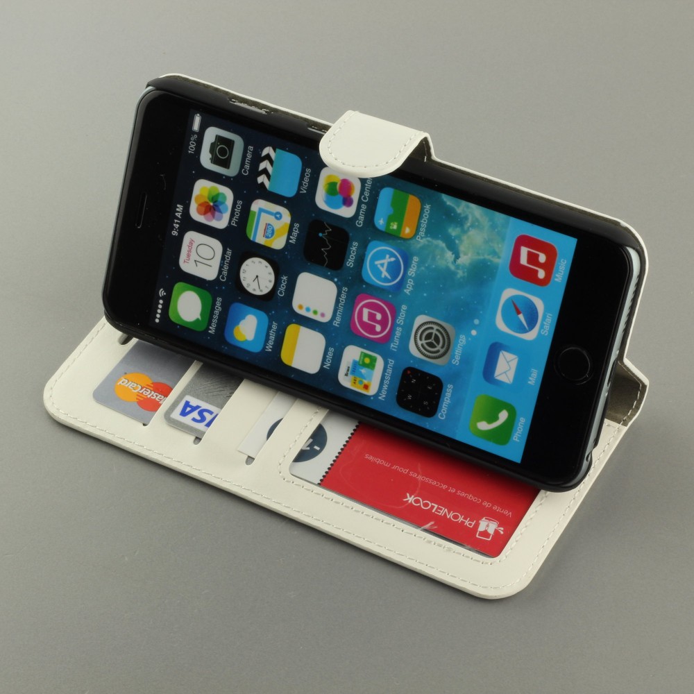 Fourre iPhone 16e - Premium Flip cuir lisse porte-cartes - Blanc