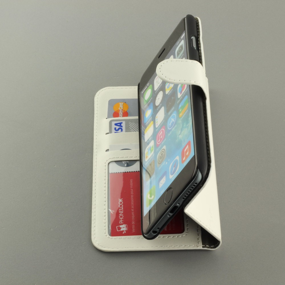 Fourre iPhone 16e - Premium Flip cuir lisse porte-cartes - Blanc
