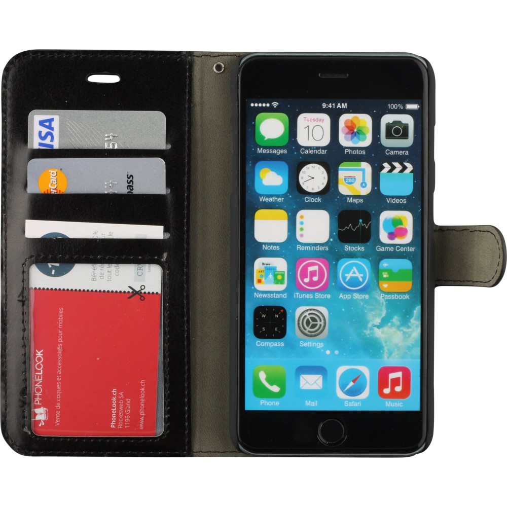 Fourre iPhone 16e - Premium Flip cuir lisse porte-cartes - Noir