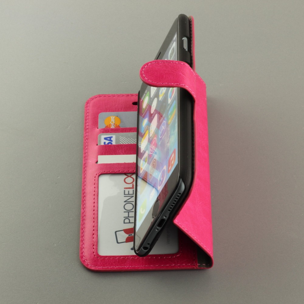 Fourre iPhone 16e - Premium Flip cuir lisse porte-cartes - Rose foncé
