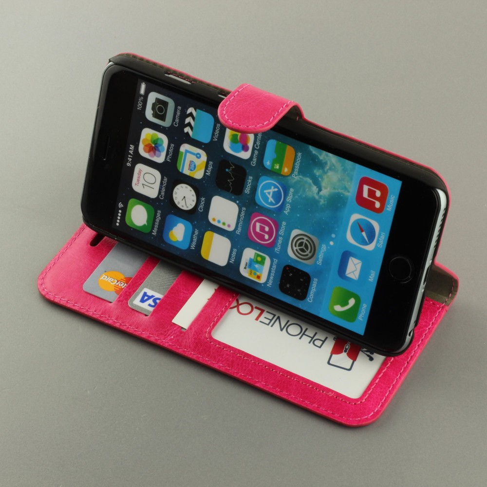Fourre iPhone 16e - Premium Flip cuir lisse porte-cartes - Rose foncé