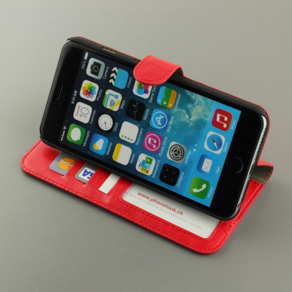 Fourre iPhone 16e - Premium Flip cuir lisse porte-cartes - Rouge