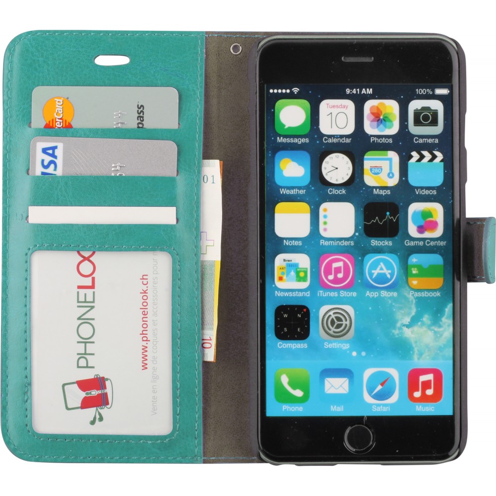 Fourre iPhone 16e - Premium Flip cuir lisse porte-cartes - Turquoise