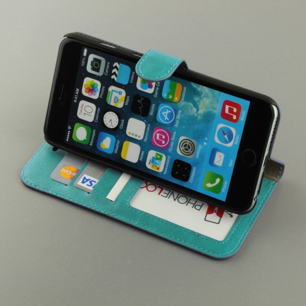 Fourre iPhone 16e - Premium Flip cuir lisse porte-cartes - Turquoise