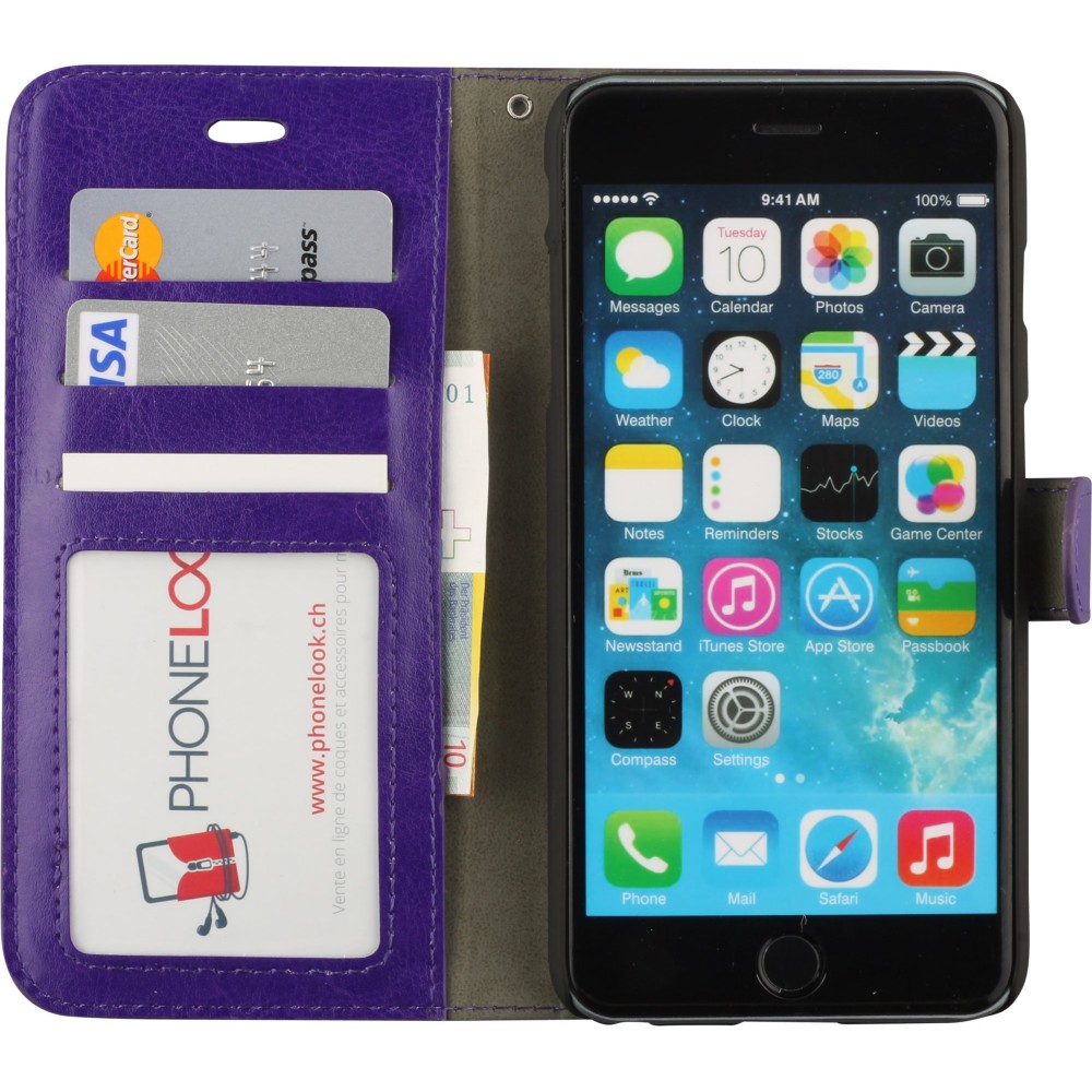 Fourre iPhone 16e - Premium Flip cuir lisse porte-cartes - Violet