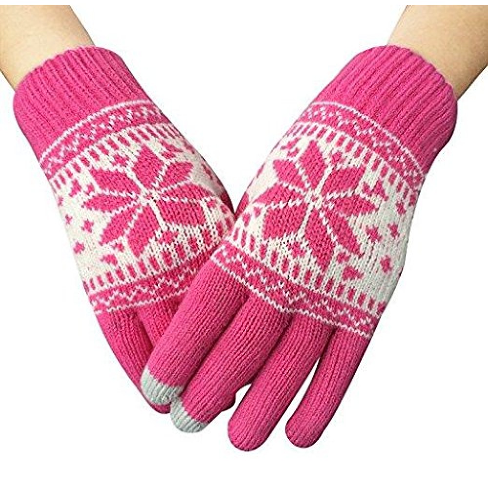 Gants tactiles d'hiver en tricot "Snowflake" avec compatibilité avec les écrans de smartphones et tablettes - Rose