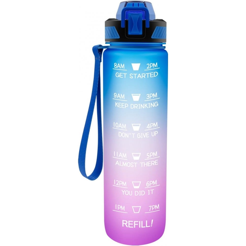 Grande gourde sport 1000ml Stay Hydrated avec motivation à boire et bouchon de sécurité - Bleu/rose