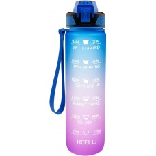 Grande gourde sport 1000ml Stay Hydrated avec motivation à boire et bouchon de sécurité - Bleu/rose