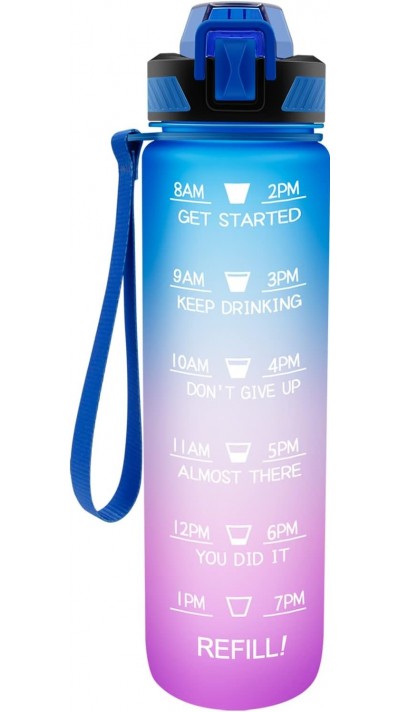 Grande gourde sport 1000ml Stay Hydrated avec motivation à boire et bouchon de sécurité - Bleu/rose