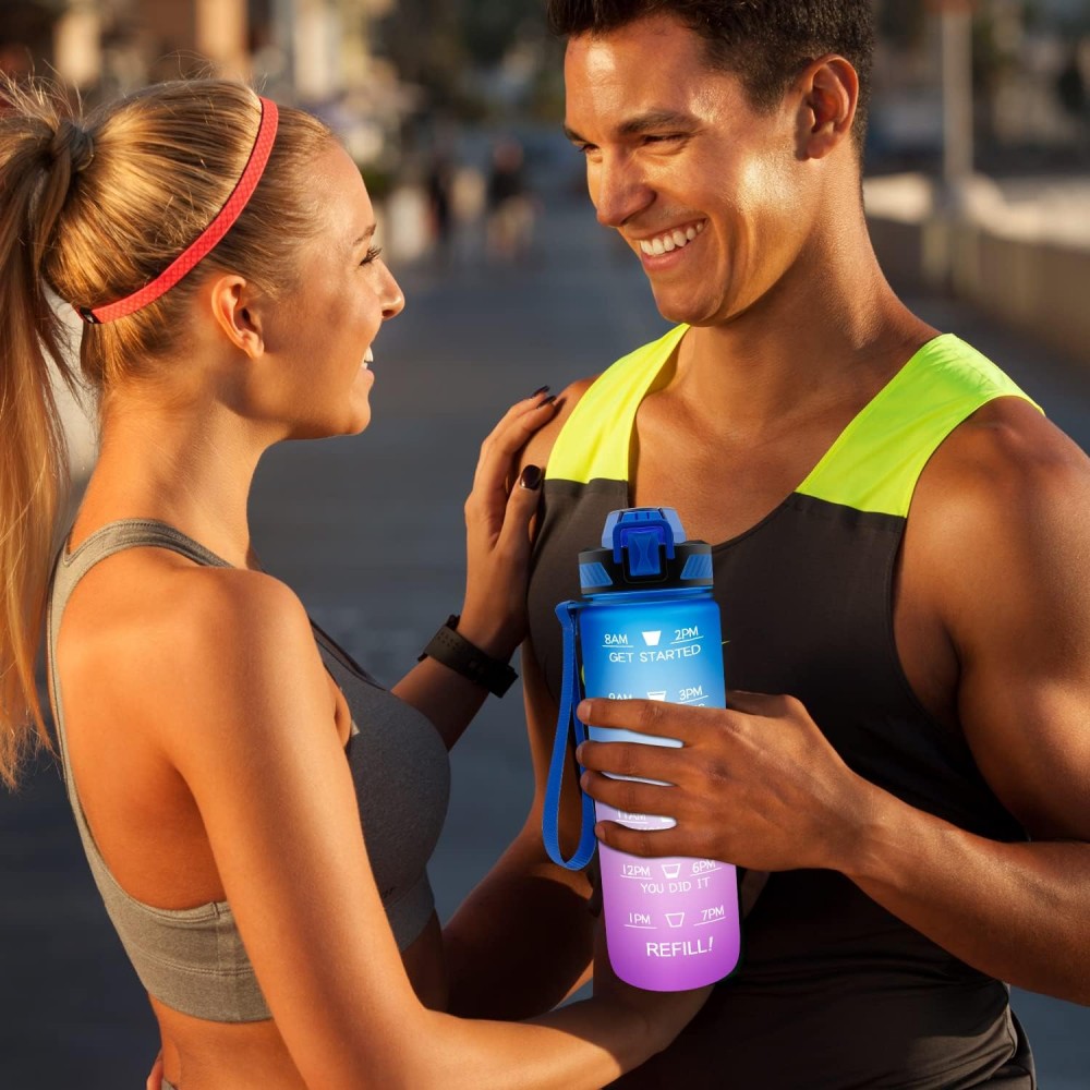 Grande gourde sport 1000ml Stay Hydrated avec motivation à boire et bouchon de sécurité - Bleu/rose