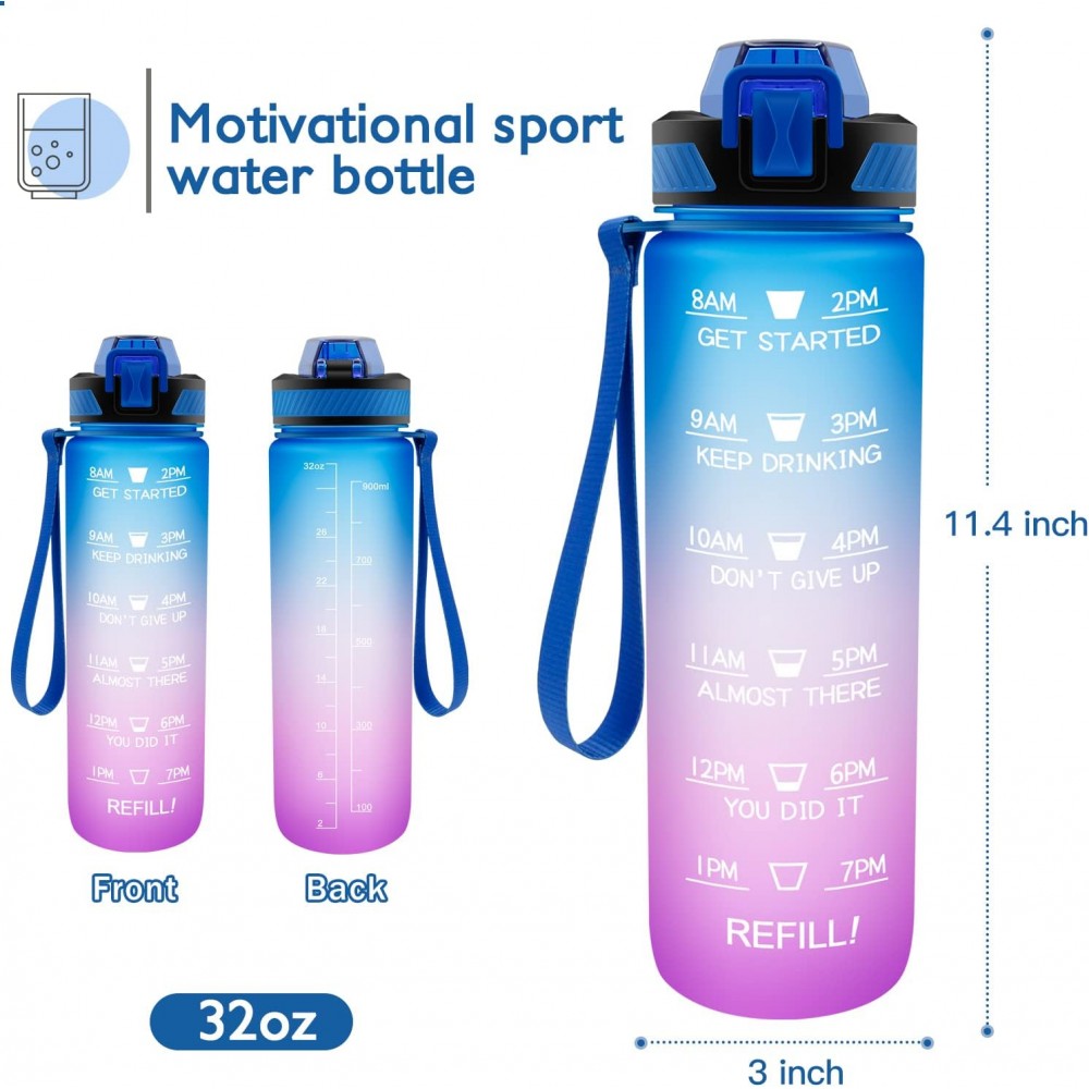 Grande gourde sport 1000ml Stay Hydrated avec motivation à boire et bouchon de sécurité - Bleu/rose