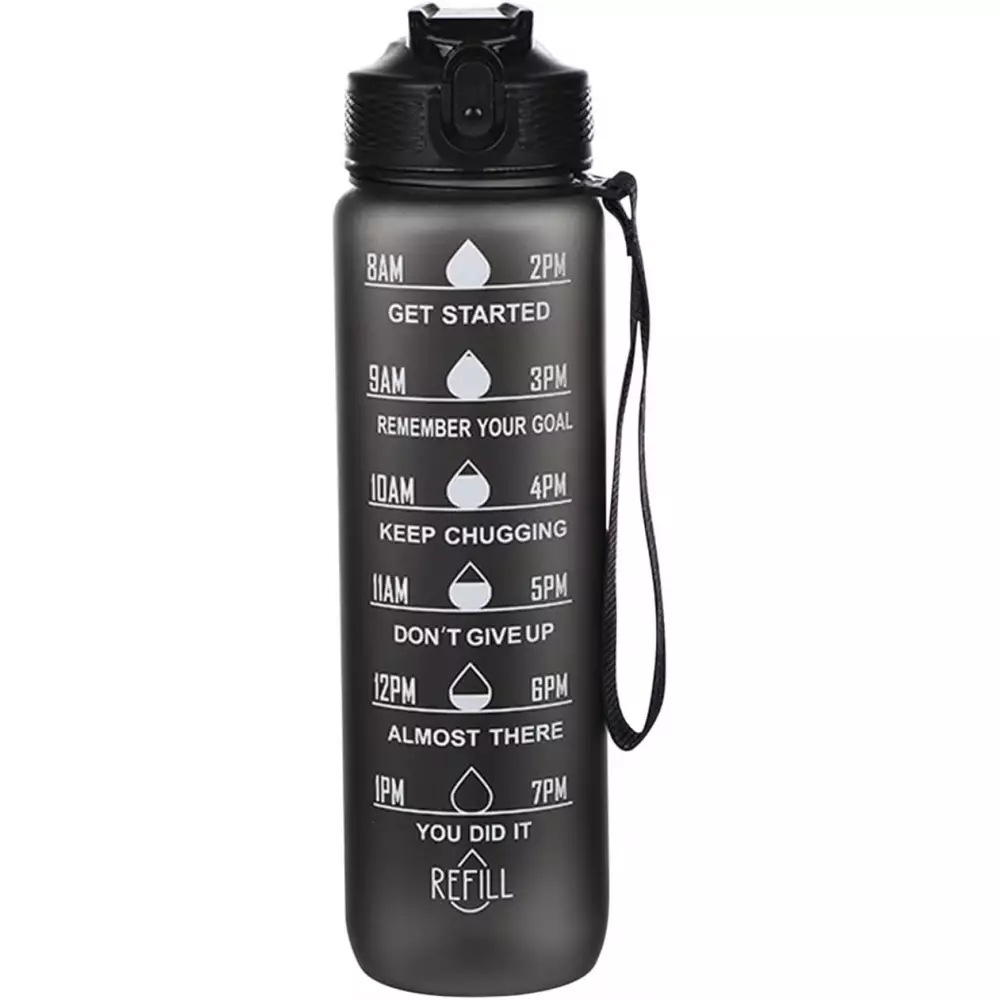 Grosse Wasserflasche 1000ml Stay Hydrated mit Drink-Motivation und Sicherheitsverschluss - Schwarz