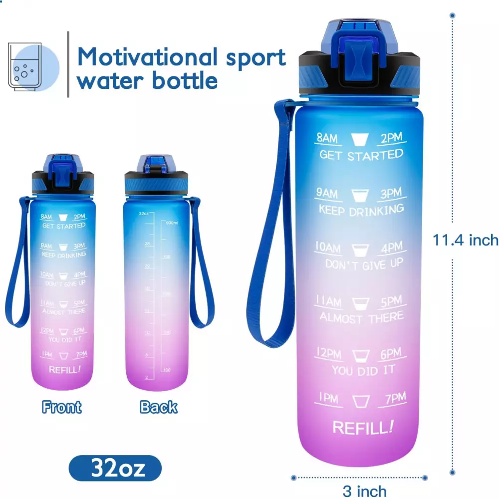 Grosse Wasserflasche 1000ml Stay Hydrated mit Drink-Motivation und Sicherheitsverschluss - Schwarz
