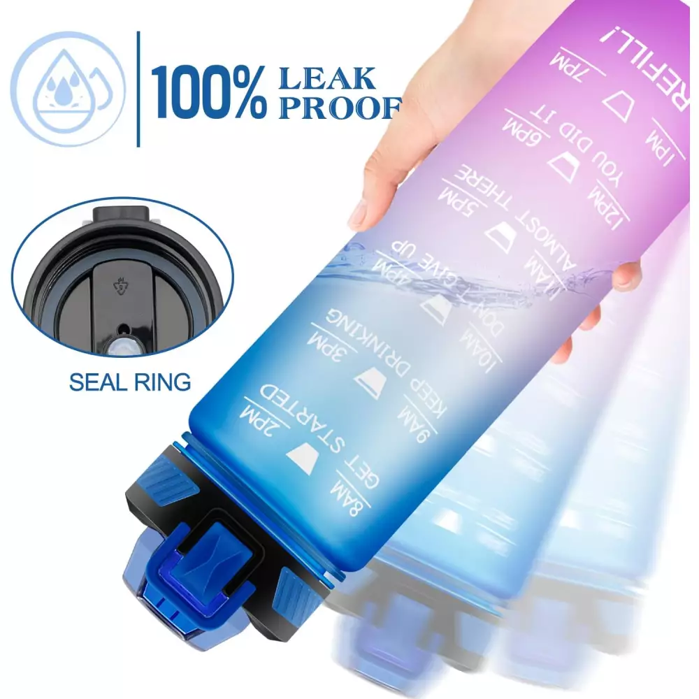 Grosse Wasserflasche 1000ml Stay Hydrated mit Drink-Motivation und Sicherheitsverschluss - Schwarz