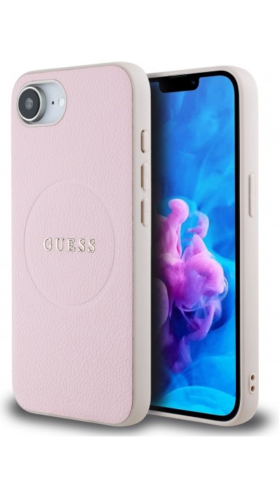 Coque iPhone 16e - Guess MagSafe classique logo PU grainé - Rose
