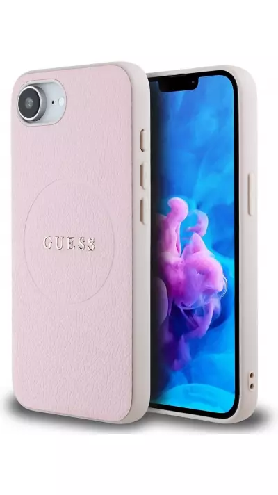 Coque iPhone 17e / 16e - Guess MagSafe classique logo PU grainé - Rose