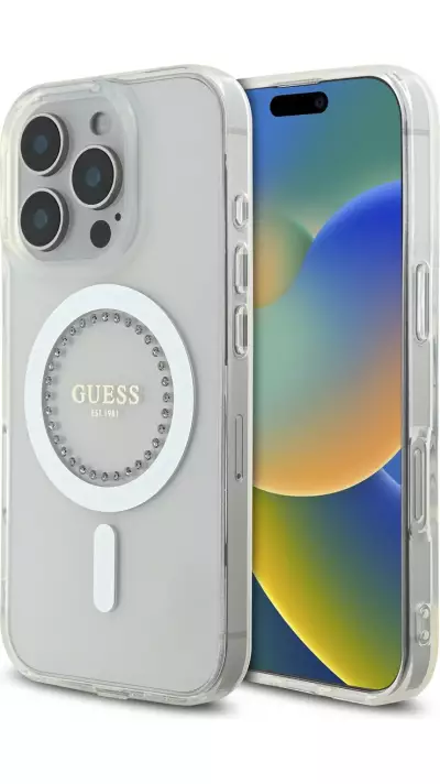 Coque iPhone 16 Pro Max - Guess Strass IML MagSafe - Blanc