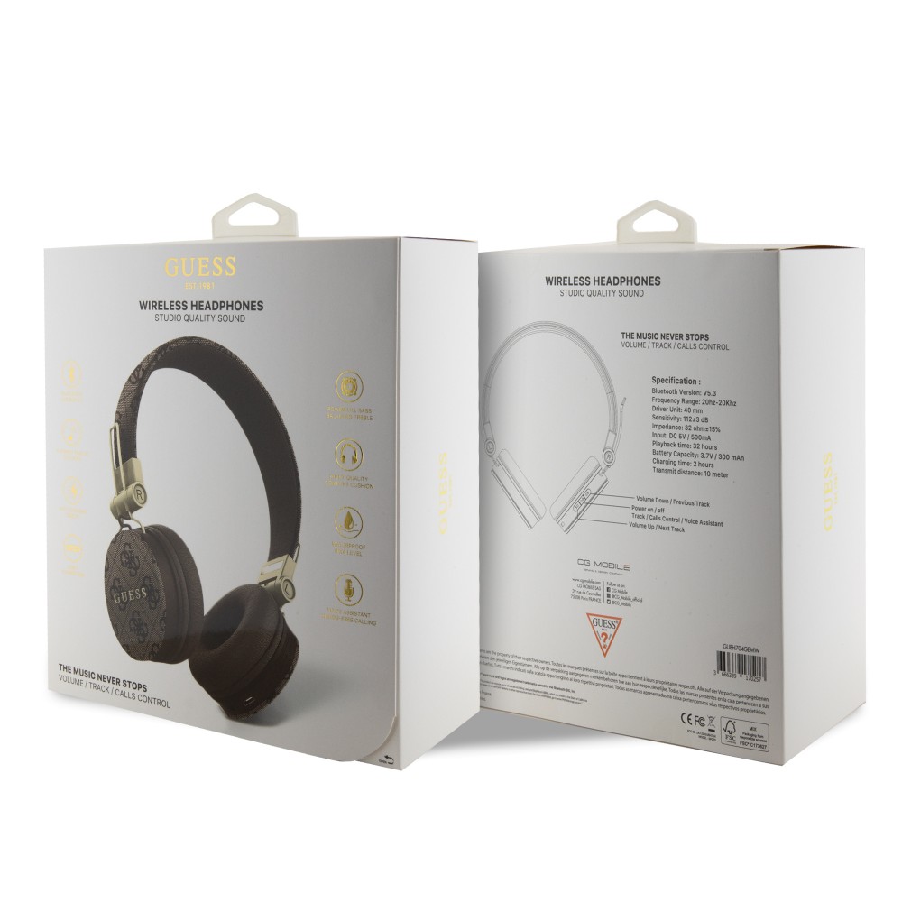 Guess Premium-Audio-Kopfhörer drahtlos On-Ear Headphones Bluetooth 5.3 - Studio Quality Sound - Leder Monogramm - Braun