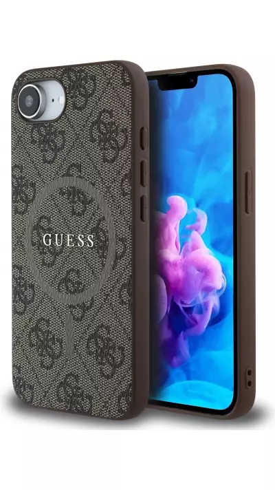 Coque iPhone 17e / 16e - Guess monogramme similicuir avec MagSafe int&eacute;gr&eacute; - Brun