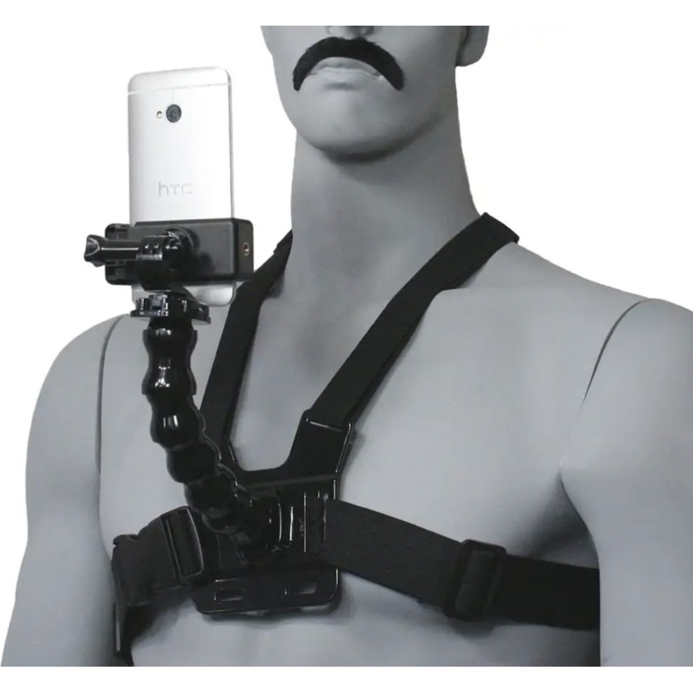 Harnais de poitrine universel avec support pour smartphone & GoPro FPV, bras de fixation inclus - Noir