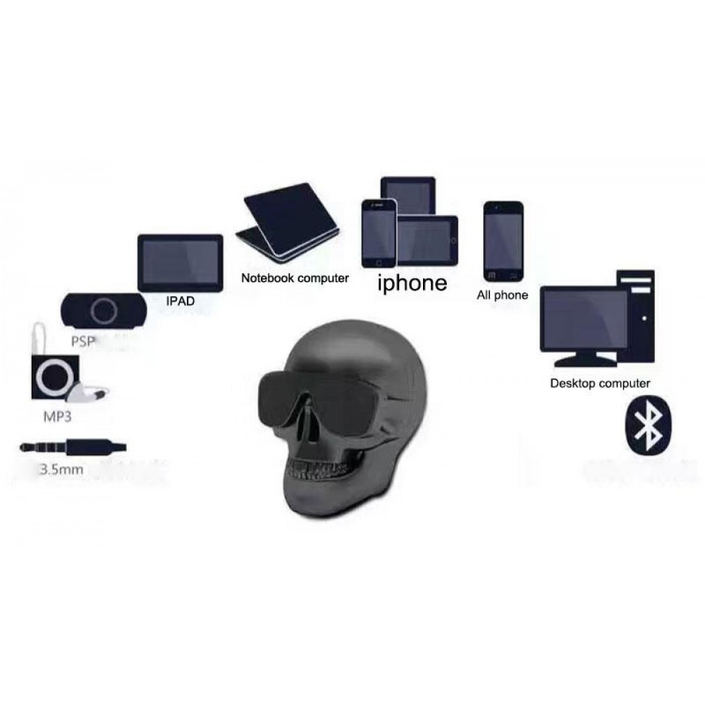 Haut-parleur Gothic tête de mort Bluetooth V3.0 avec batterie réchargable - Noir