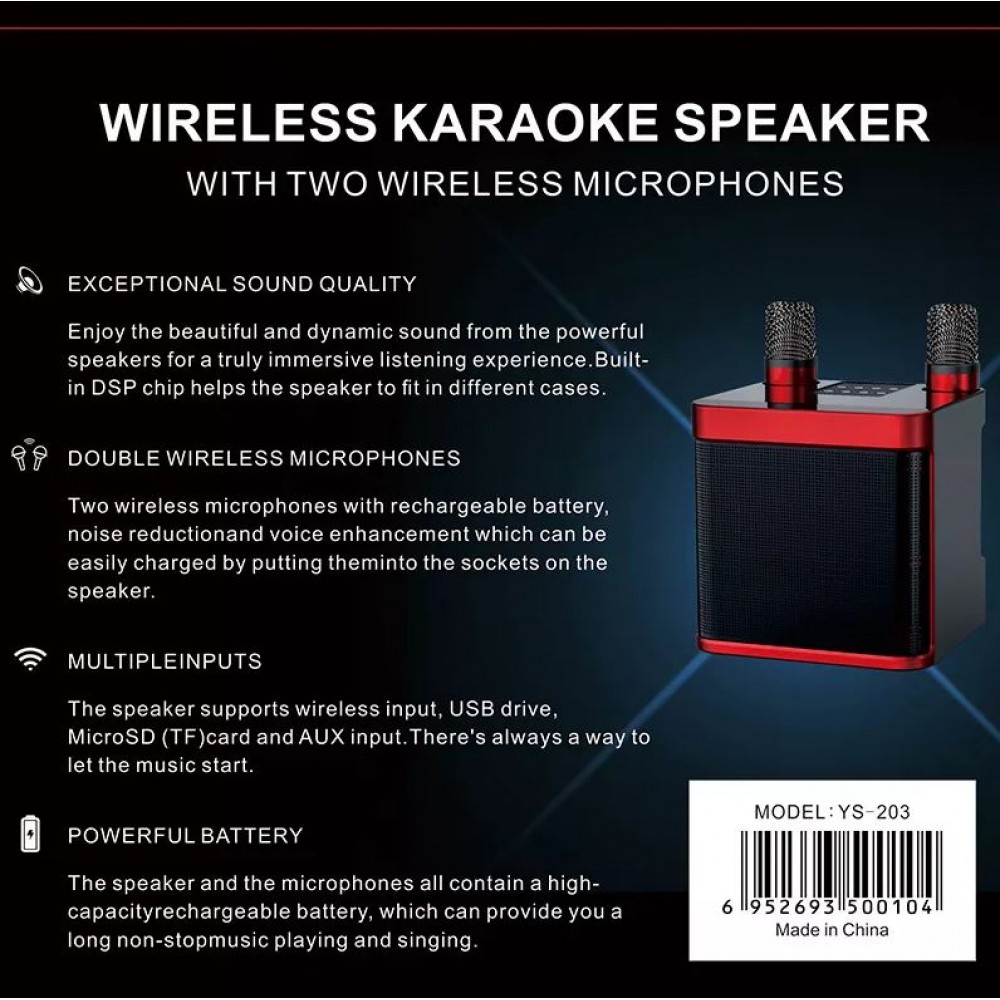 Karaoke Lautsrecher YS-203 Bluetooth Wireless + 2 kabellose Mikrofone - Schwarz