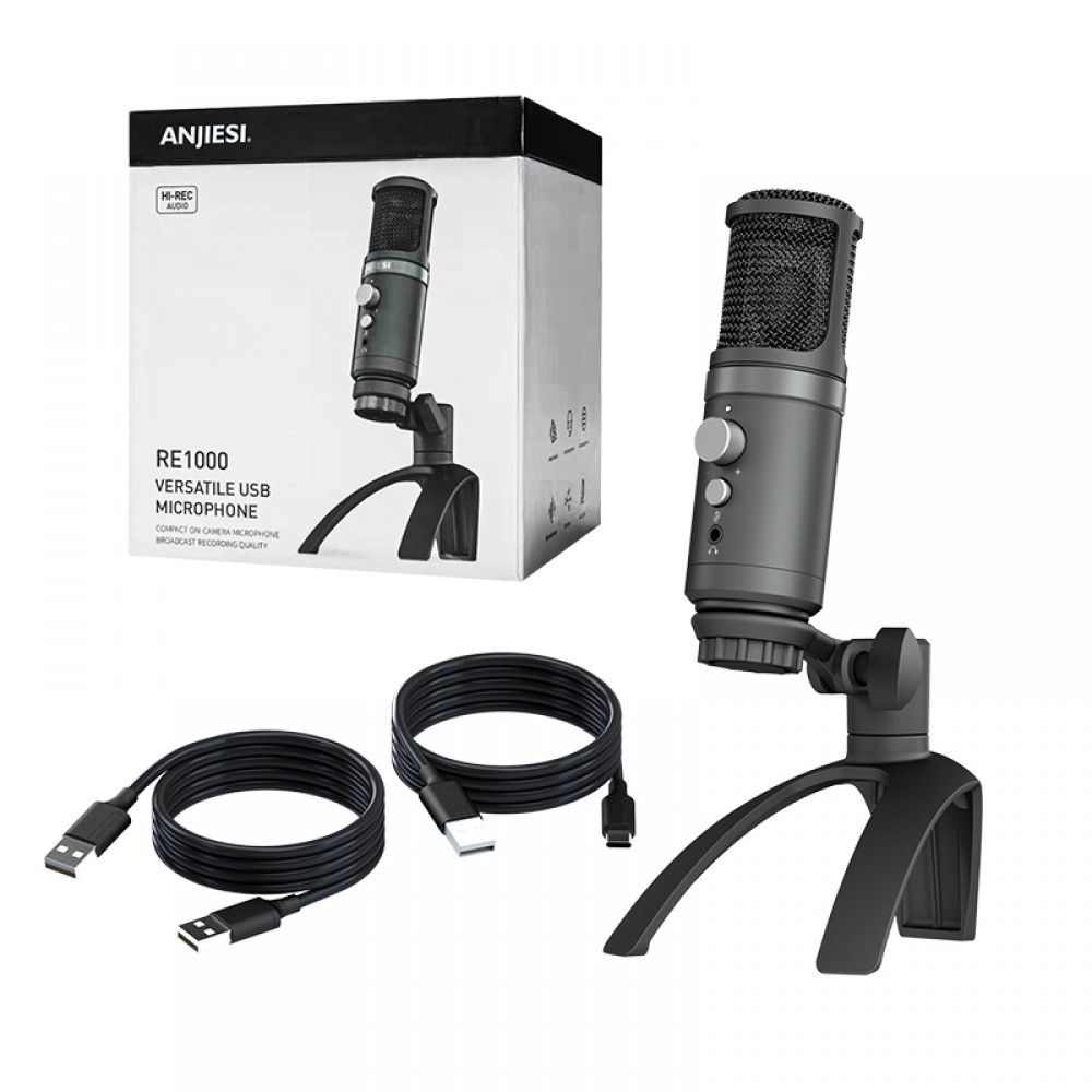 Hi-Rec microphone professionnel aluminium pour studio et podcast incl. pied ajustable et prise AUX - Noir