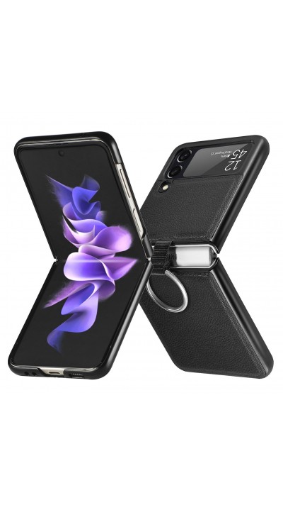 Coque Samsung Galaxy Z Flip3 5G - Fourre en cuir de luxe au look élégant avec anneau de transport - Noir