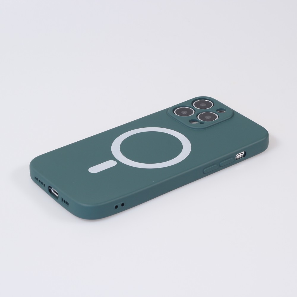 Housse iPhone 15 Pro - Coque en silicone souple avec MagSafe et protection pour caméra - Vert foncé