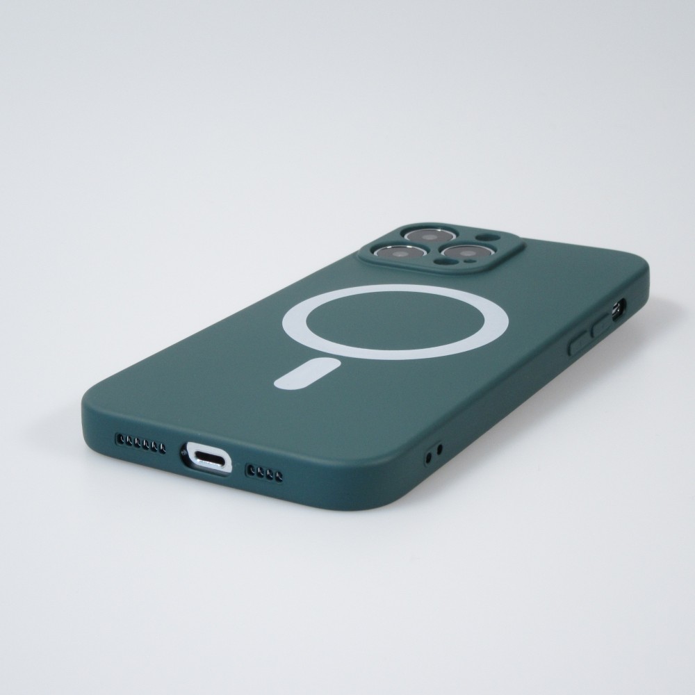 Housse iPhone 15 Pro - Coque en silicone souple avec MagSafe et protection pour caméra - Vert foncé