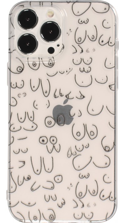 iPhone 13 Pro Case Hülle - Transparentes Silikon Cover funny Cartoon Brüste Tattoo - Transparent