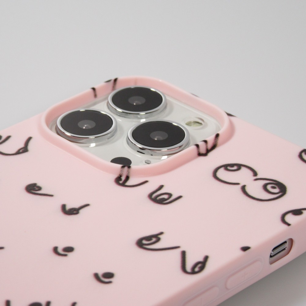 iPhone 13 Pro Max Case Hülle - Gummi Cover funny Cartoon Brüste Tattoo - Rosa