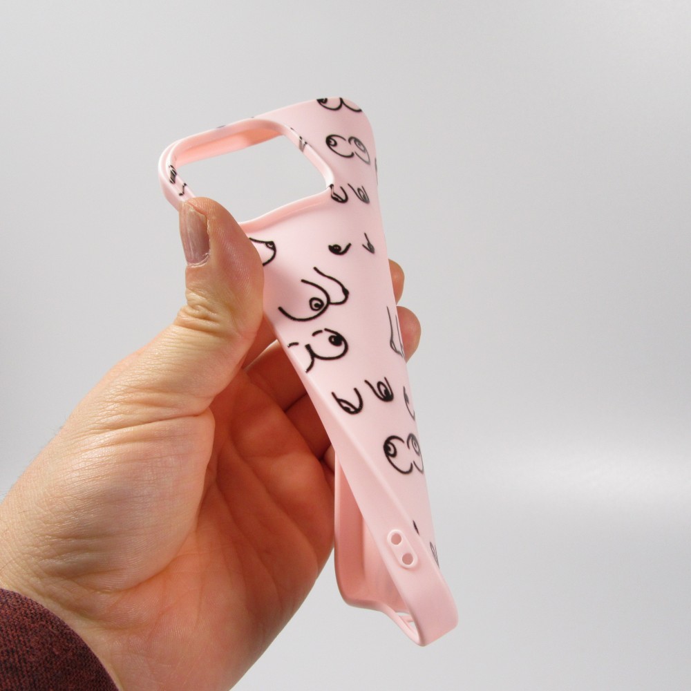 iPhone 13 Pro Max Case Hülle - Gummi Cover funny Cartoon Brüste Tattoo - Rosa