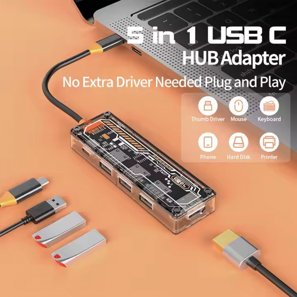 Hub USB-C 5 en 1 transparent look futuriste (3x USB-A, 1x USB-C, 1x HDMI) - Transparent