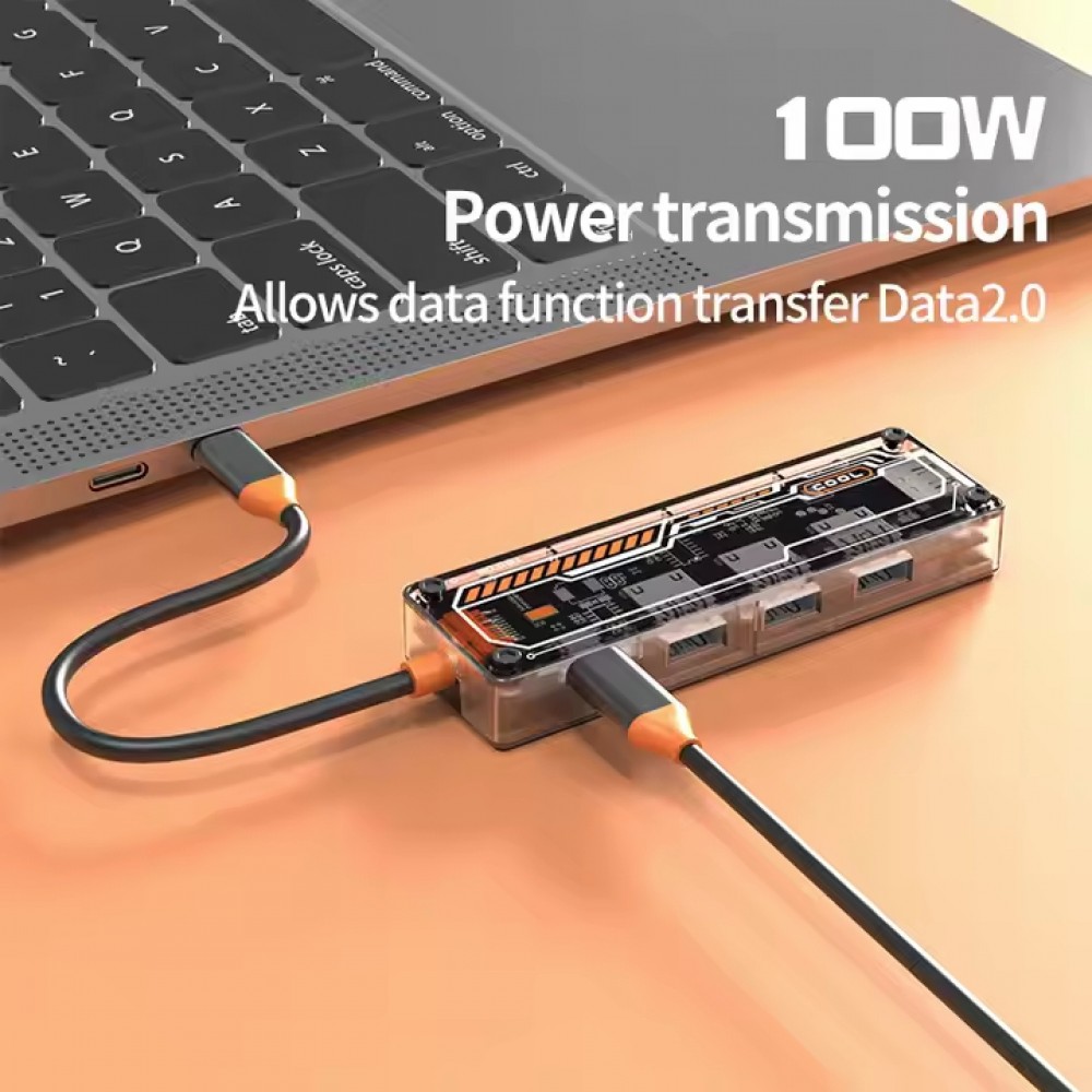 Hub USB-C 5 en 1 transparent look futuriste (3x USB-A, 1x USB-C, 1x HDMI) - Transparent
