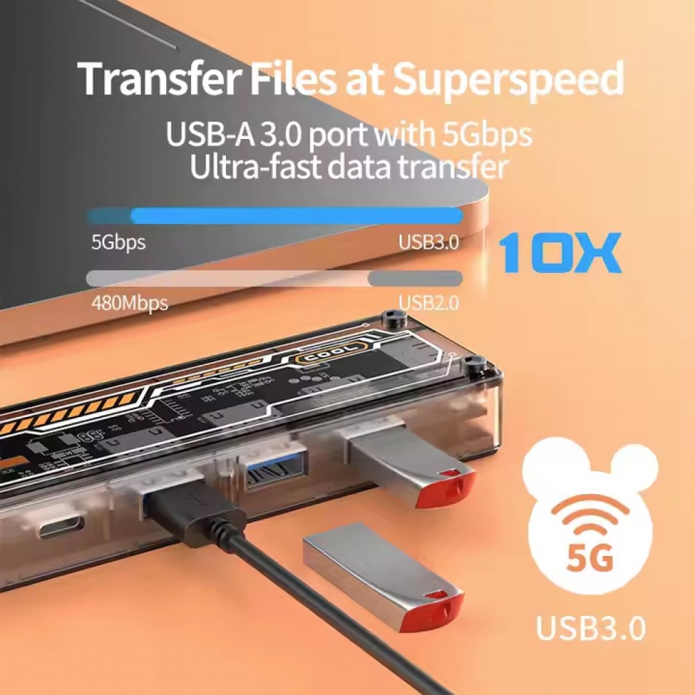 Hub USB-C 5 en 1 transparent look futuriste (3x USB-A, 1x USB-C, 1x HDMI) - Transparent