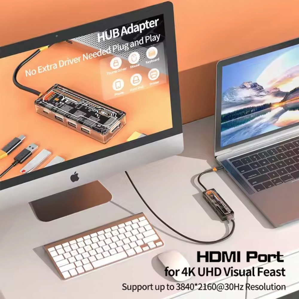 Hub USB-C 5 en 1 transparent look futuriste (3x USB-A, 1x USB-C, 1x HDMI) - Transparent