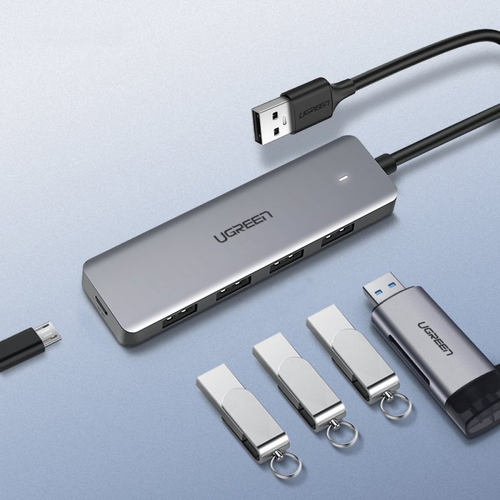 Hub USB Ugreen 4x USB3.2 haute performance transfert rapide 5Gbps avec connecteur d'alimentation micro USB - Gris