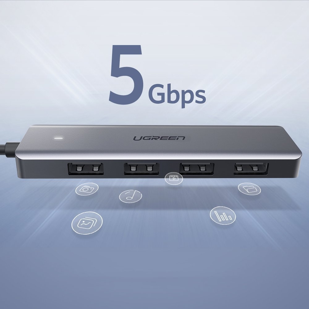 Hub USB Ugreen 4x USB3.2 haute performance transfert rapide 5Gbps avec connecteur d'alimentation micro USB - Gris