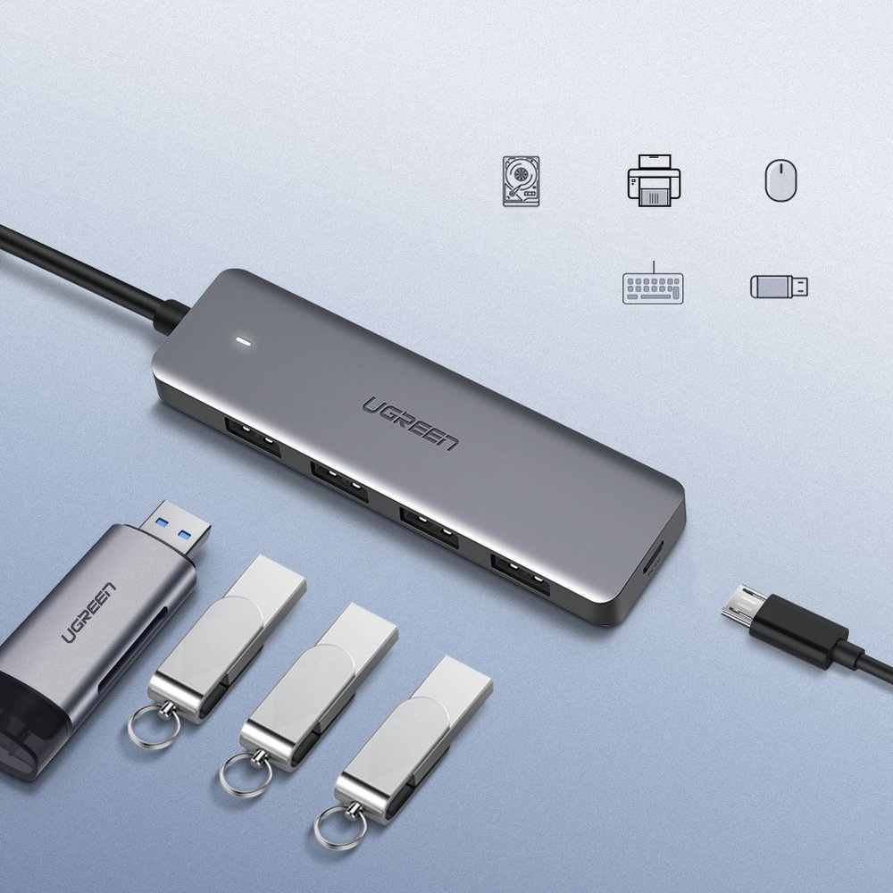 Hub USB Ugreen 4x USB3.2 haute performance transfert rapide 5Gbps avec connecteur d'alimentation micro USB - Gris