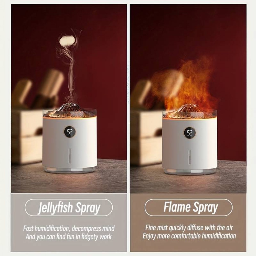 Humidificateur Volcan-Flame diffuseur d'arômes avec affichage digital & flamme LED - Blanc