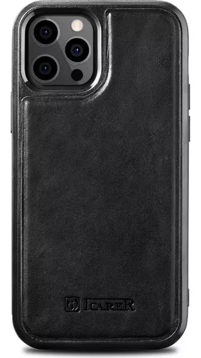 iPhone 12 Pro Max Case H&uuml;lle - ICARER Echtes Leder Oil Wax Premium - Schwarz