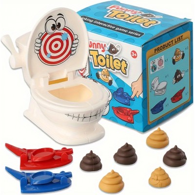 Lustiges Toilettenschiessen Spielset mit Cartoon-Toilette 2 Launcher 6 Plastik-Kotfiguren Kinderparty Spiel