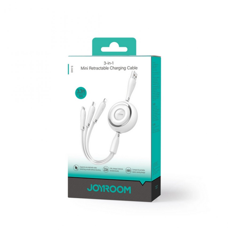 Joyroom 3 in 1 einziehbares Kabel 1m USB-A auf USB-C + Lightning + microUSB - Weiss