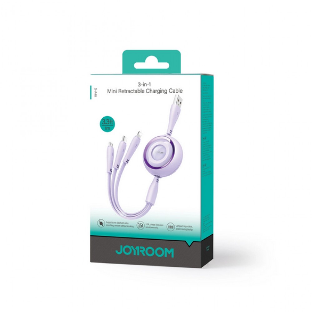 Joyroom 3 in 1 einziehbares Kabel 1m USB-A auf USB-C + Lightning + microUSB - Violett