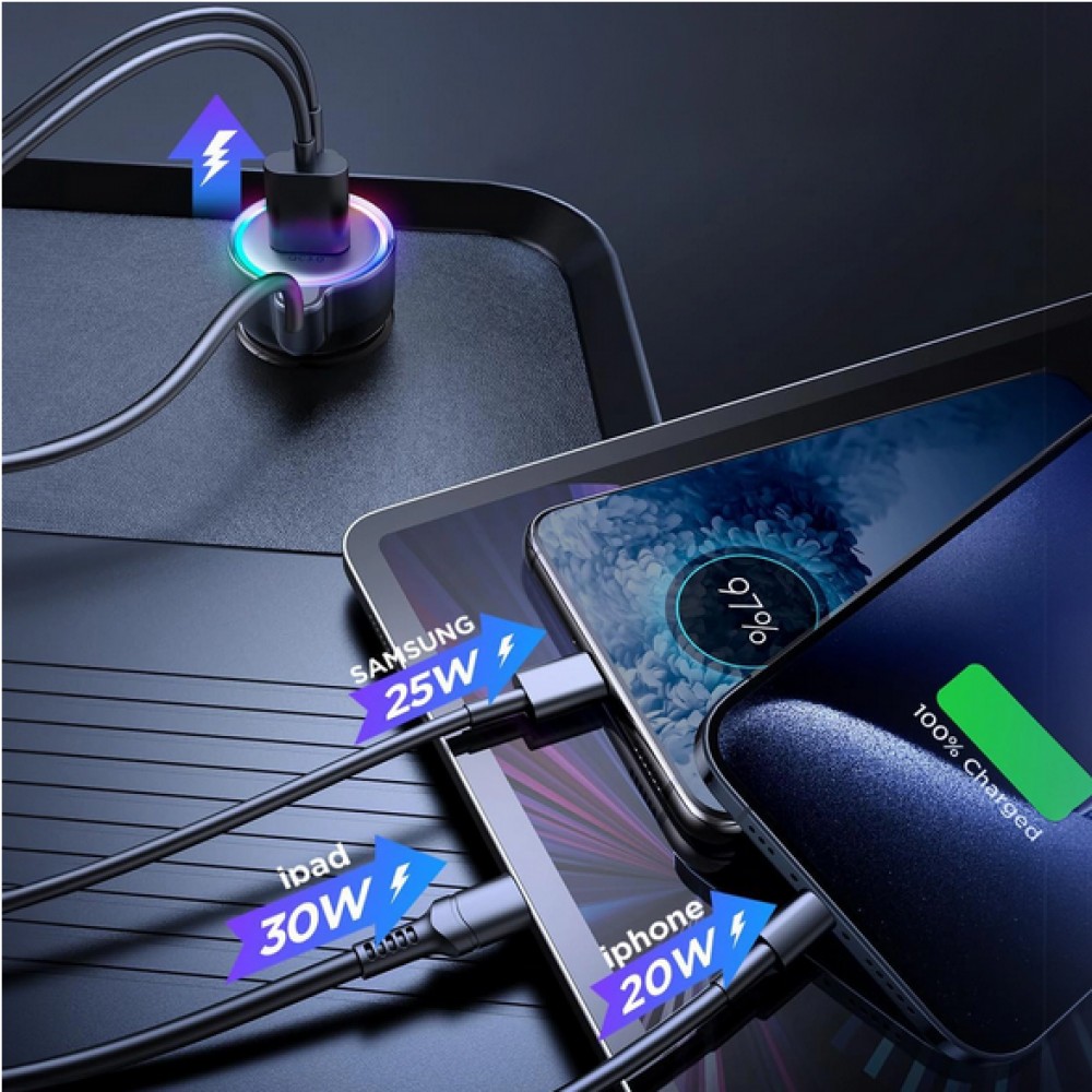 Joyroom 3in1 Zigarettenanzünder Adapter 60W Fast Charger mit integriertem USB-C Kabel & USB-C + USB-A QC3.0 Anschluss