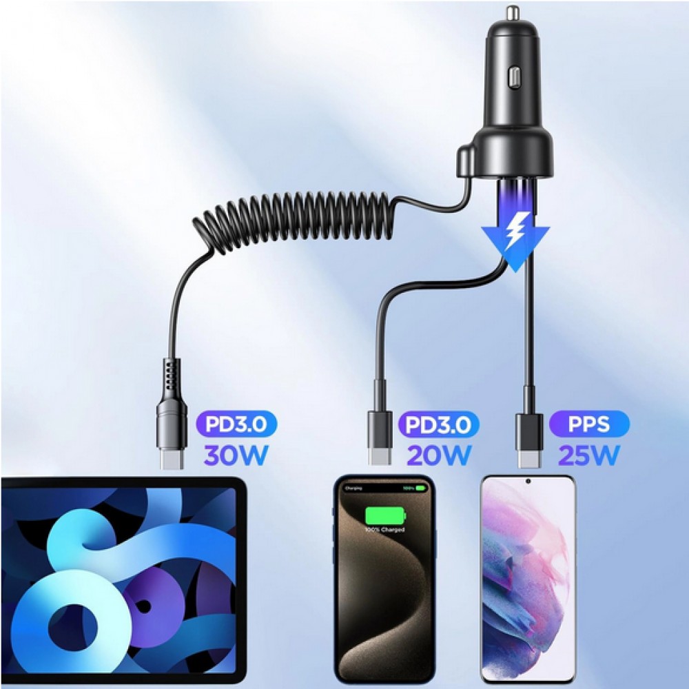 Joyroom 3in1 Zigarettenanzünder Adapter 60W Fast Charger mit integriertem USB-C Kabel & USB-C + USB-A QC3.0 Anschluss